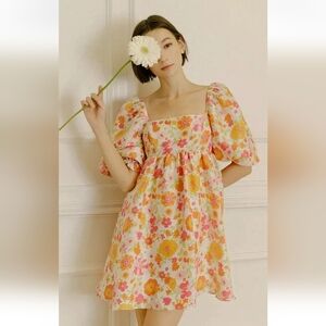 Anthropologie Multicolor Warm Floral Puff Sleeve Babydoll Dress Medium